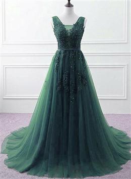 Picture of Hunter Green Tulle V-neckline Long Party Dresses, Dark Green A-line Prom Dresses